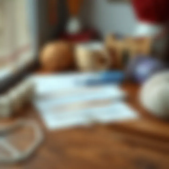 Cozy Crafting Space with Crochet Charts and Supplies A cozy crafting setup featuring printed crochet charts, yarn balls, and a crochet hook on a wooden table