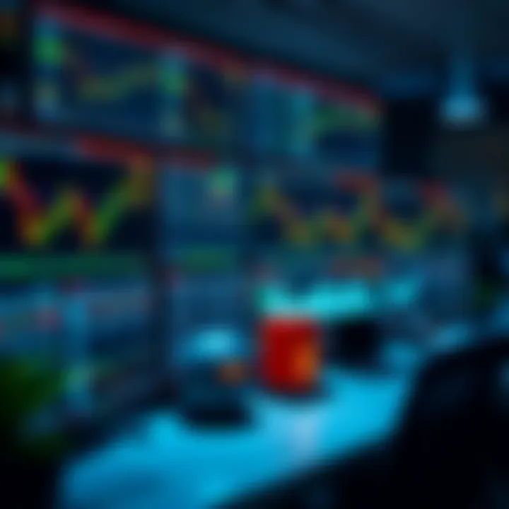 Modern workspace with multiple screens displaying forex trading charts and graphs