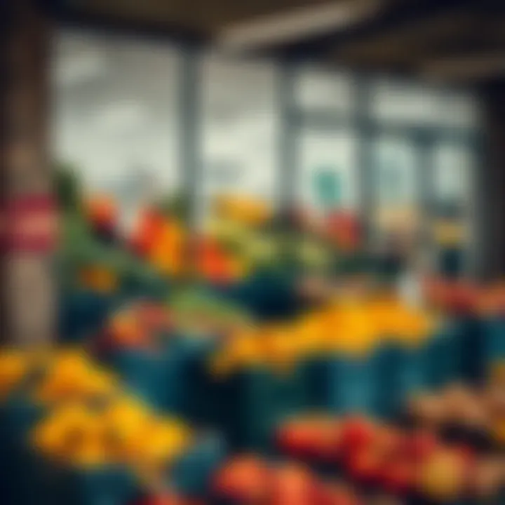 Exterior view of a wholesale produce store showing crates of fresh seasonal fruits and vegetables