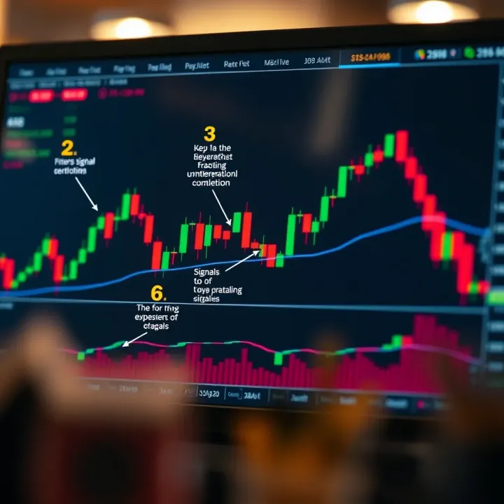 Key Signals and Interpretation Tips for Candlestick Charts Visualization of a candlestick chart with annotations highlighting key trading signals and interpretation tips