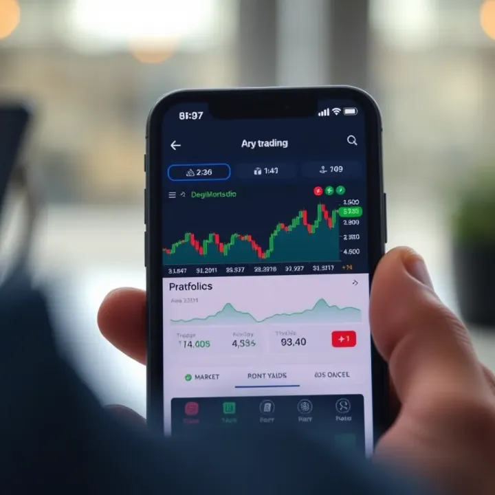 Mobile phone displaying a South African stock trading app interface with market charts and portfolio overview