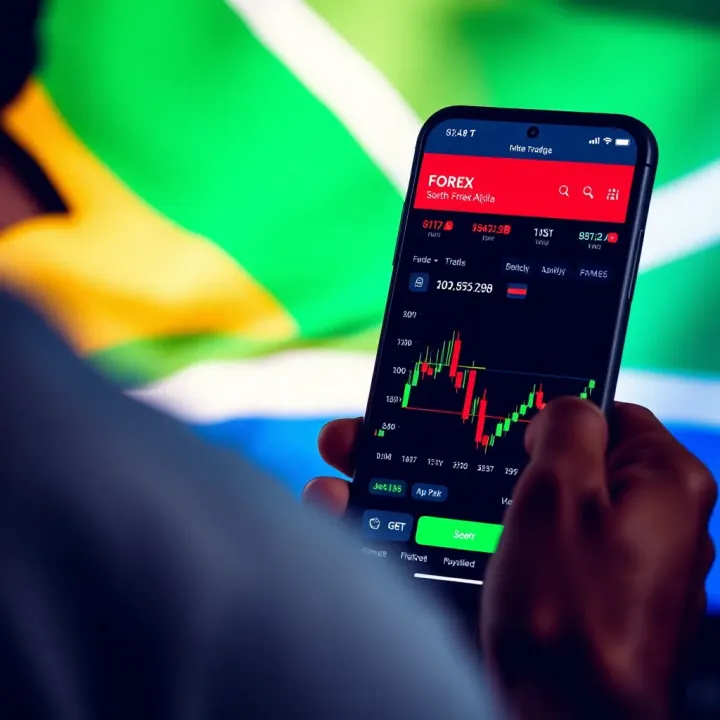 Mobile device displaying forex trading app with South African flag background