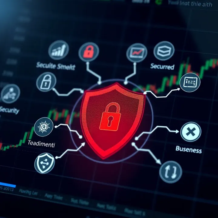Illustration showcasing secure financial transactions with digital security icons and shield symbol