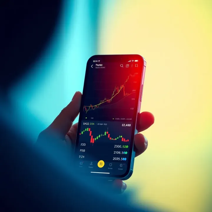 Mobile phone displaying a trading application interface with graphs and stock information