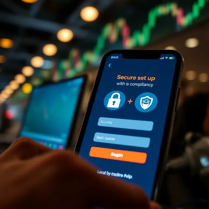 Secure Setup of Forex Trading App with Local Regulation Compliance Smartphone screen showing secure login and South African financial regulatory icons