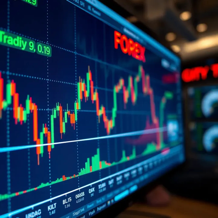 Forex trading chart displaying currency pair trends and technical indicators on a digital screen