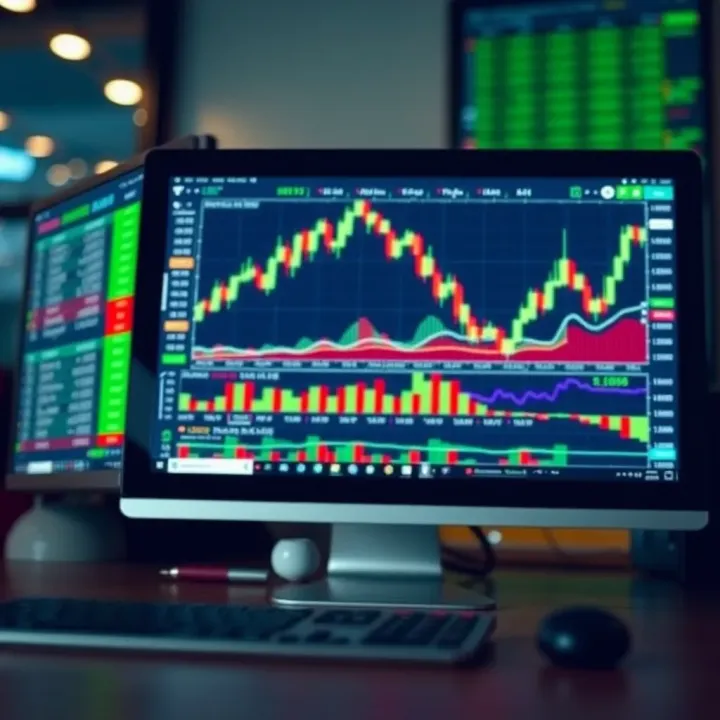 Computer screen showing forex trading platform with market data, charts, and analytical tools