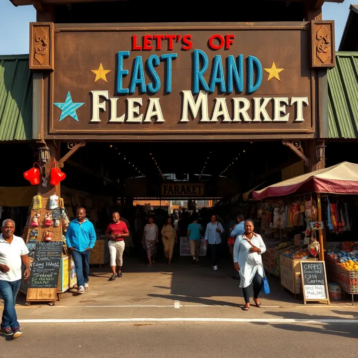 Entrance View of East Rand Flea Market with Active Shoppers Entrance of East Rand Flea Market bustling with shoppers and colorful stalls