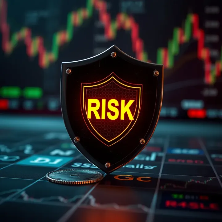 Conceptual illustration of risk management in binary options trading with protective shield and financial symbols