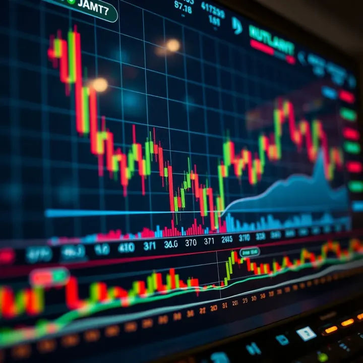 Graph showing fluctuating currency exchange rates with trading indicators and charts