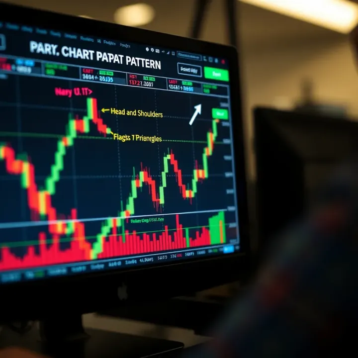 Illustration showing common forex chart patterns like head and shoulders, triangles, and flags