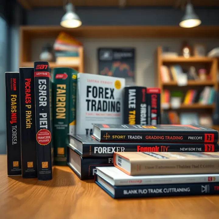 Collection of influential forex trading books arranged on a wooden table