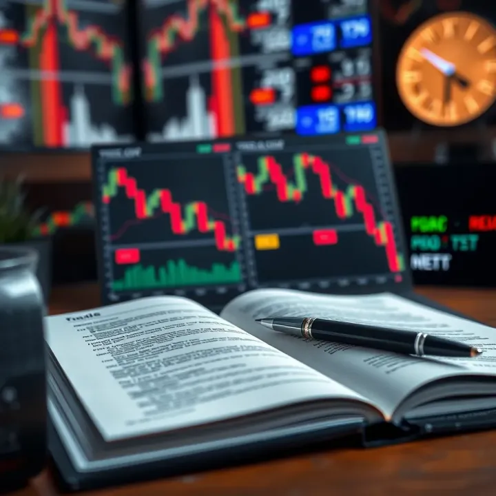 Open book displaying forex charts and trading strategies with a pen nearby