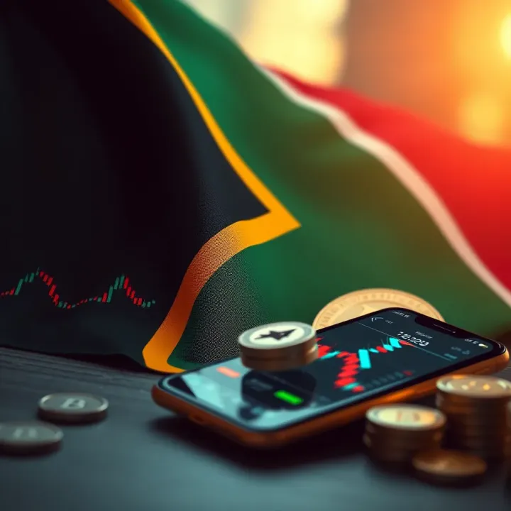 Forex Trading Environment and Regulations in South Africa South African flag with forex trading symbols and a mobile phone depicting local trading environment