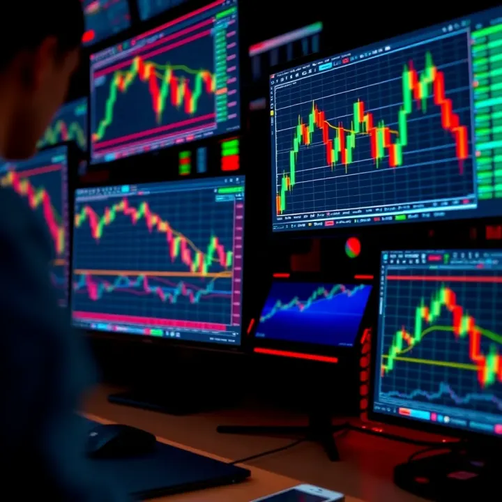 Analyzing Forex Charts and Technical Indicators Forex trading charts and technical indicators displayed on multiple computer screens