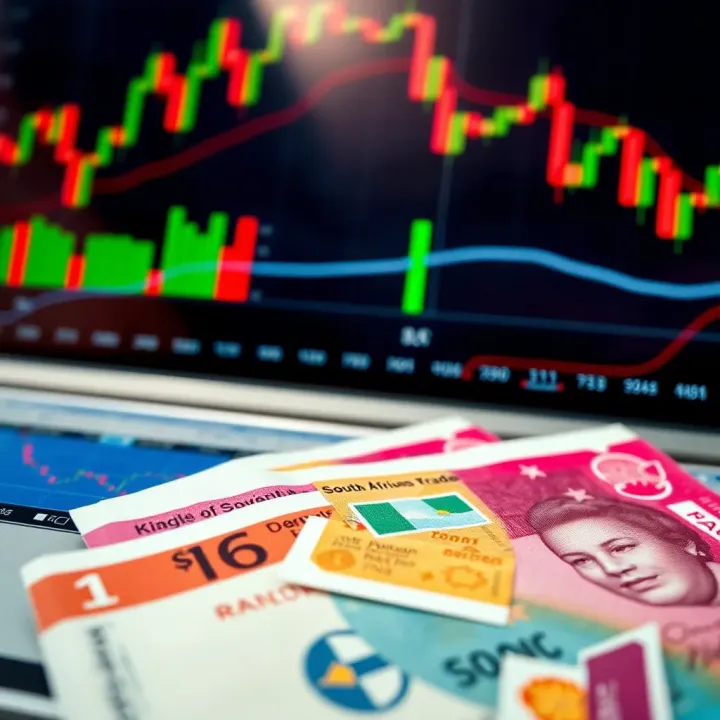 Close-up of financial charts and South African rand currency notes illustrating forex market analysis