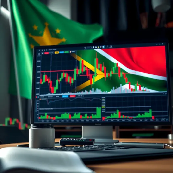 Computer screen displaying forex trading charts and graphs on trading platform with South African flag in background