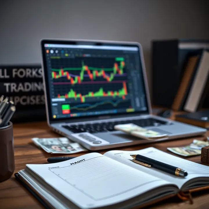 Desk setup with trading journal, laptop showing forex graphs, and currency notes