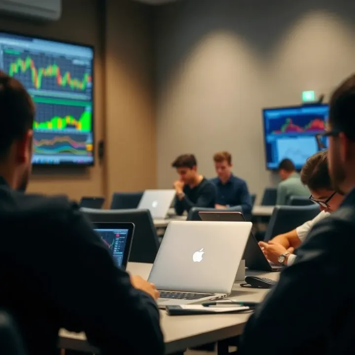 Classroom setting with students learning forex trading strategies on laptops