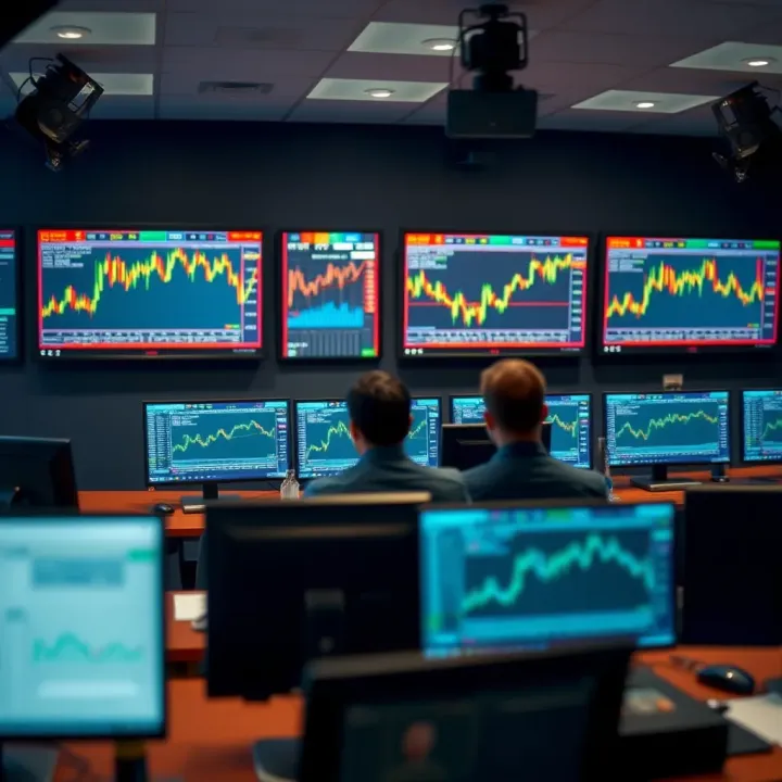 A digital classroom setting with multiple screens displaying forex charts and data analysis tools