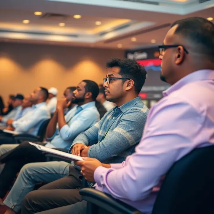 Engaging Forex Trading Seminar in Durban A lively forex trading seminar in Durban with attendees focused on the speaker's presentation