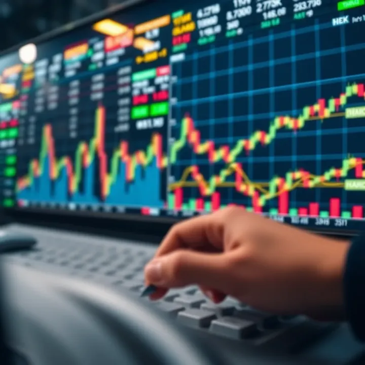 Forex Trading Strategies and Risk Management Tools Digital interface displaying forex trading charts and risk management indicators