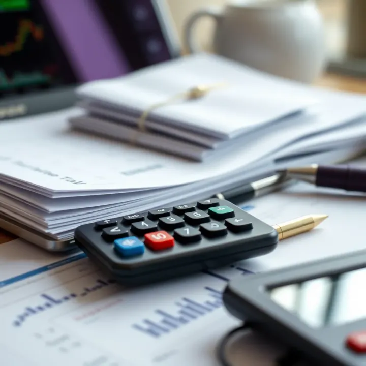 Effective Tax Recordkeeping for Forex Traders in South Africa Illustration of organized financial documents, laptop, and calculator representing tax recordkeeping for traders