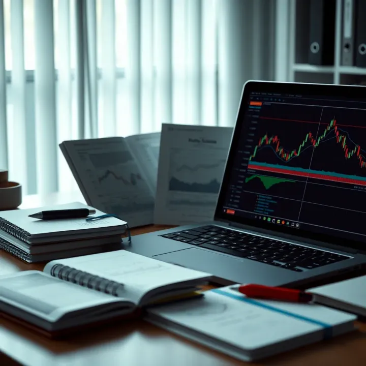 Forex Trading Training Resources and Educational PDFs Collection of forex training materials including PDFs, notebooks, and a laptop on a desk