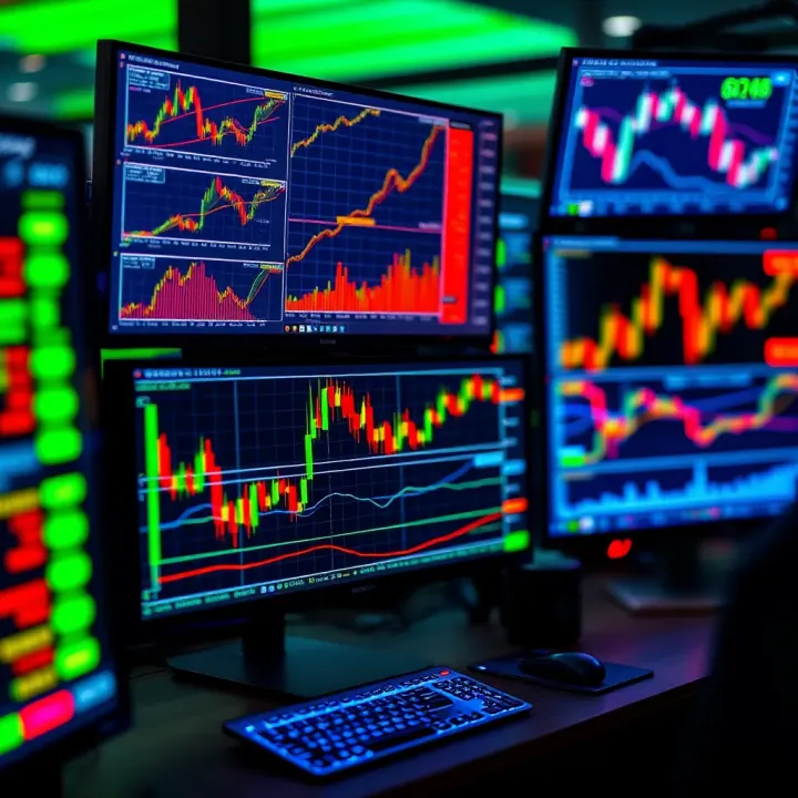 Vibrant Forex Charts on Trading Screens Digital workspace with multiple monitors displaying colorful forex trading charts and graphs