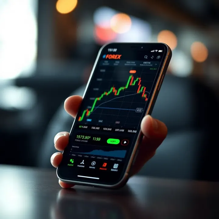 Smartphone displaying forex trading app interface with currency charts and market data