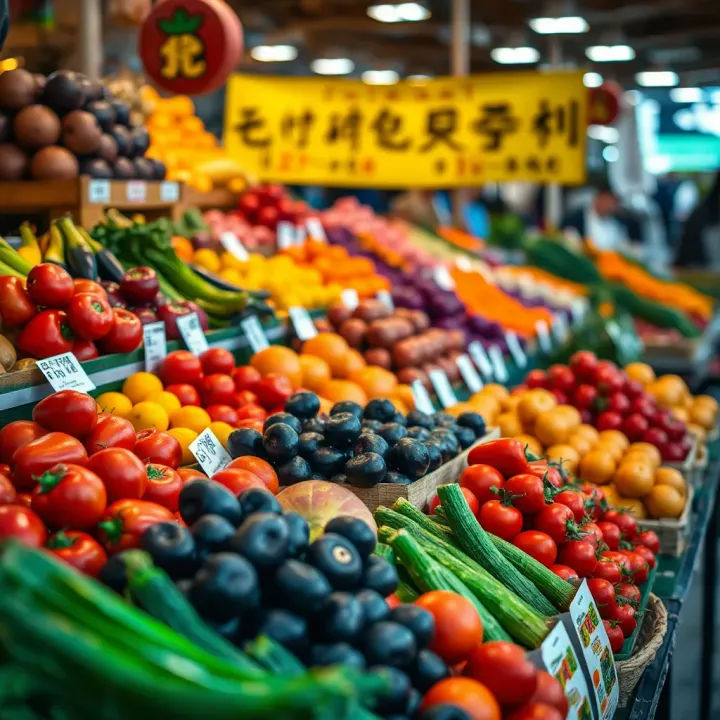 Fresh fruits and vegetables displayed at a bustling outdoor market with vibrant colors