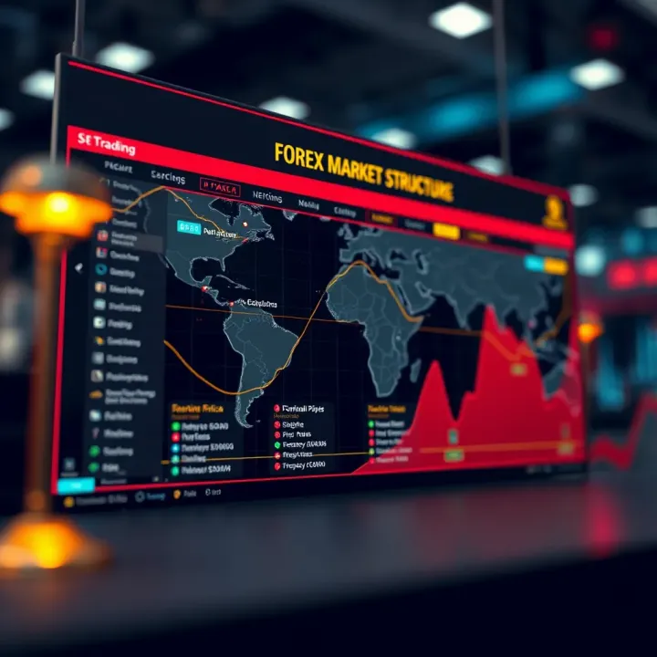 Illustration showing the structure of the forex market including major currency pairs and global financial centers