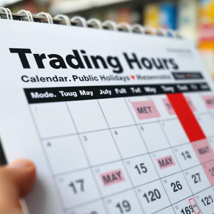 Trading Hour Changes for General Stores on Weekends and Public Holidays Close-up of a calendar marked with public holidays and weekend days highlighting variations in store hours