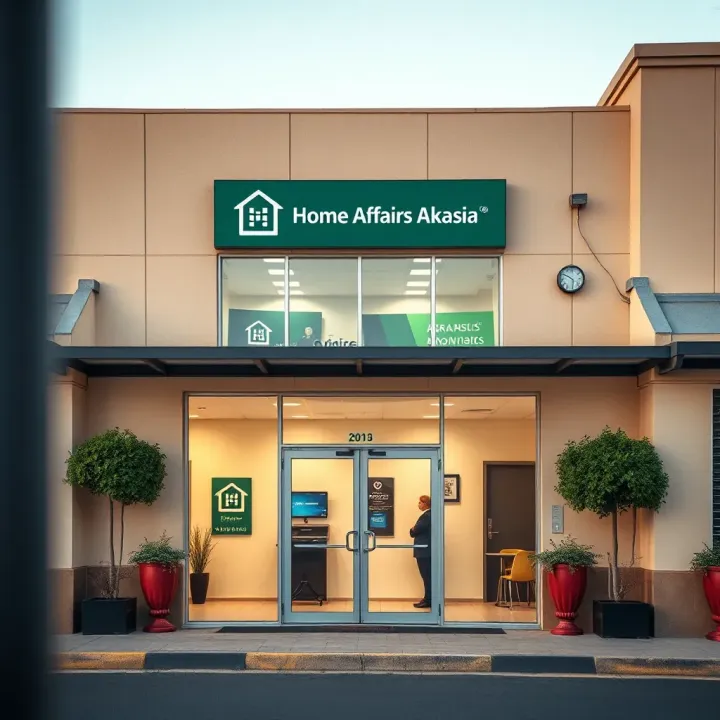 Exterior view of the Home Affairs office building in Akasia showing its main entrance and signage