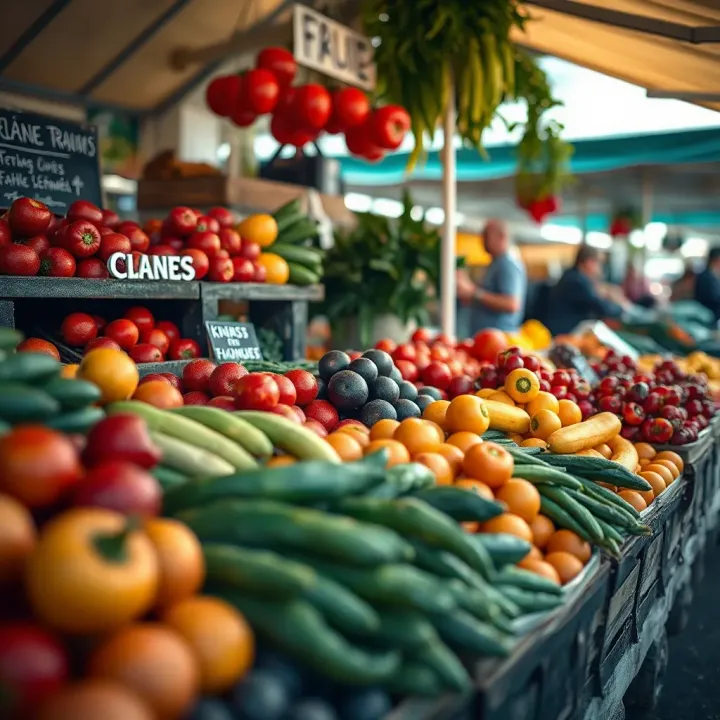 Fresh fruits and vegetables neatly displayed at a vibrant outdoor market stall in Knysna under bright daylight