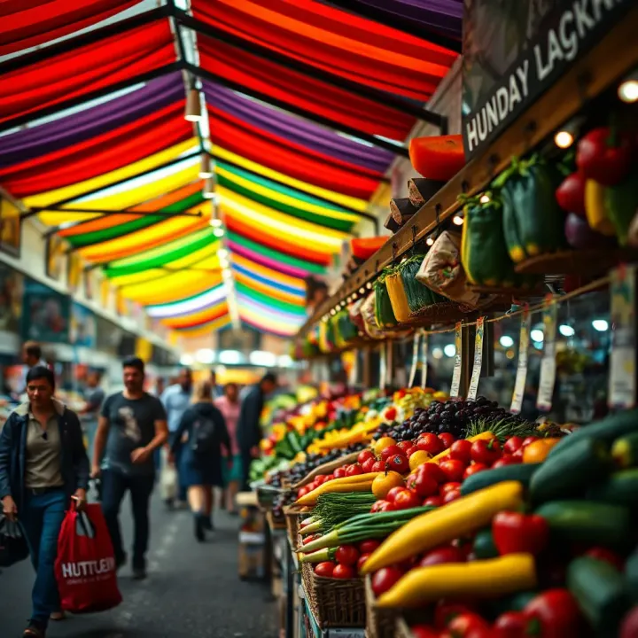Lively Atmosphere at Knysna Fruit and Vegetable Market Colorful stalls and shoppers browsing fruits and vegetables in a lively Knysna market setting