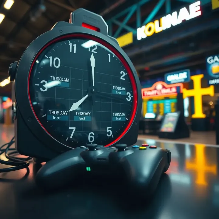 Clock showing trading hours on a calendar with a digital game controller beside it