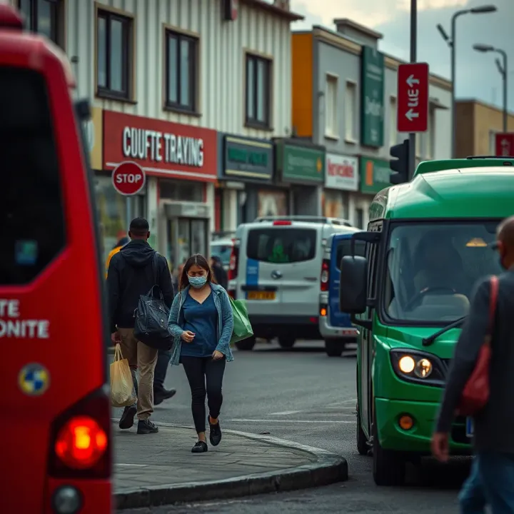 Public transport vehicles and shoppers at peak activity time in Athlone commercial area