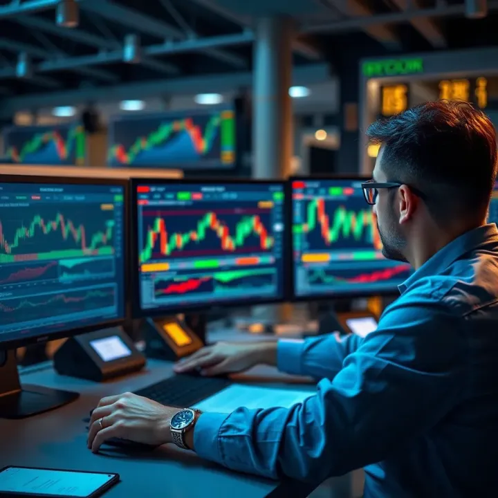 Illustration of a forex trading coach providing strategy guidance to a trader analyzing charts on multiple screens