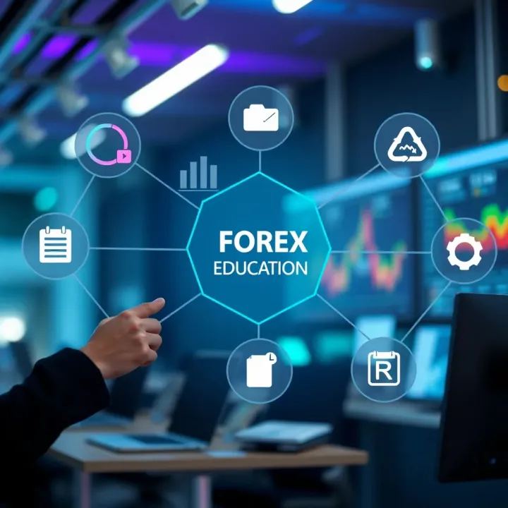 Visualizing Key Components of Forex Trading Education Conceptual graphic showing interconnected icons representing forex education, charts, and learning resources
