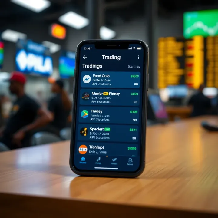 A smartphone screen displaying various trading app interface options suitable for South African investors