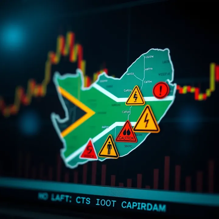 Graphic displaying a map of South Africa with regulatory symbols and caution signs related to binary options trading