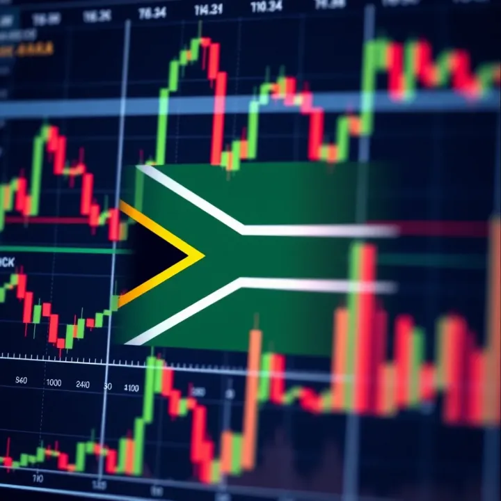 South African flag overlay on a financial chart showing market trends and key economic indicators