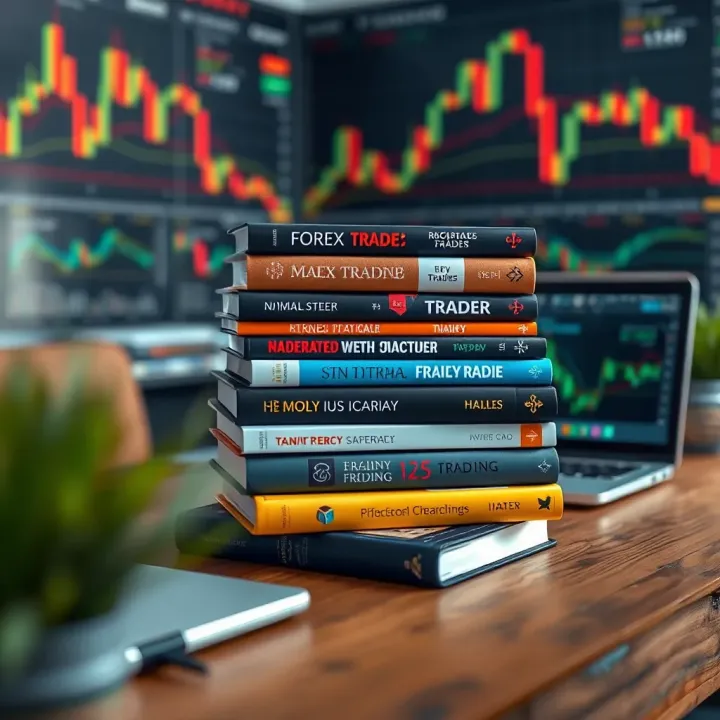 Collection of forex trading books stacked on a wooden table with a laptop and financial charts in the background
