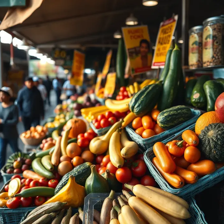 Fresh fruits and vegetables displayed at a bustling South African market in the early morning light