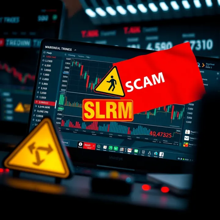 Deceptive Online Trading Platform Highlighting Scam Risks Illustration showing a deceptive online trading platform with misleading profit charts and warning signs