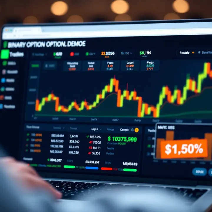User interface of a binary options trading platform showing a demo account dashboard with virtual currency balance