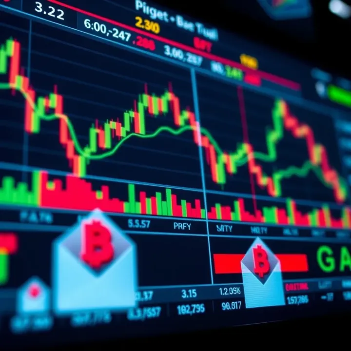 Digital Trading Interface with Price Charts and Binary Options Payouts Illustration showing a digital trading interface with fluctuating price charts and binary options payout icons