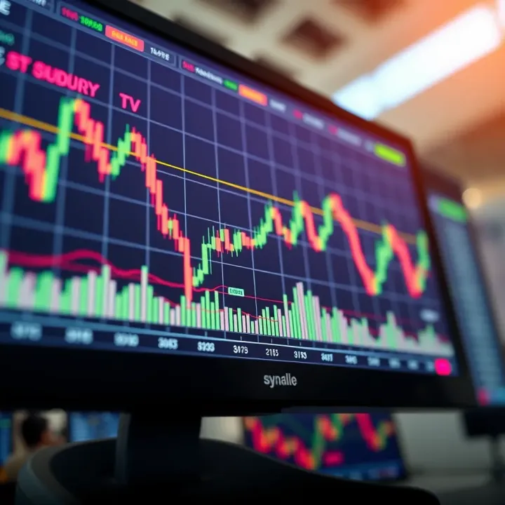 Graph showing upward and downward trends with trading signals on a digital screen