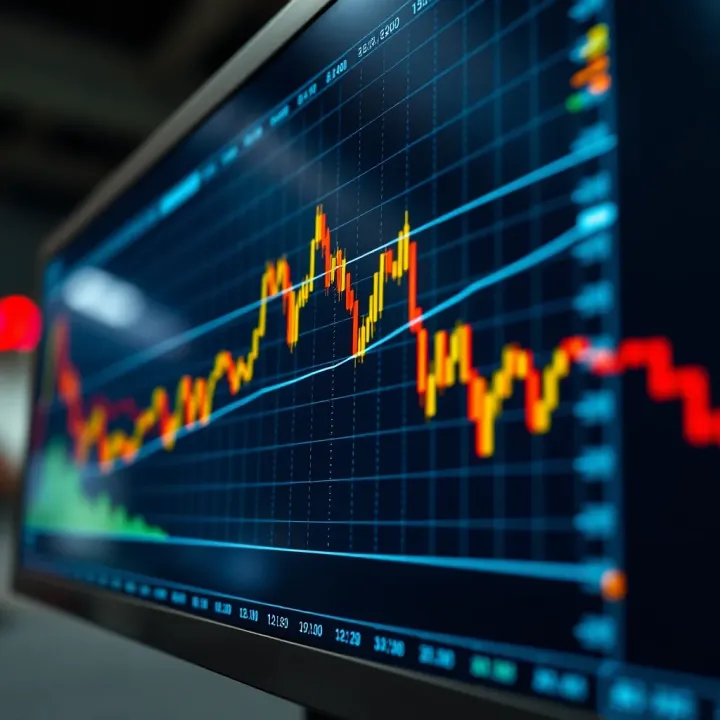 Financial Trading Data Visualization Digital graph displaying financial trading data with upward trends on a screen
